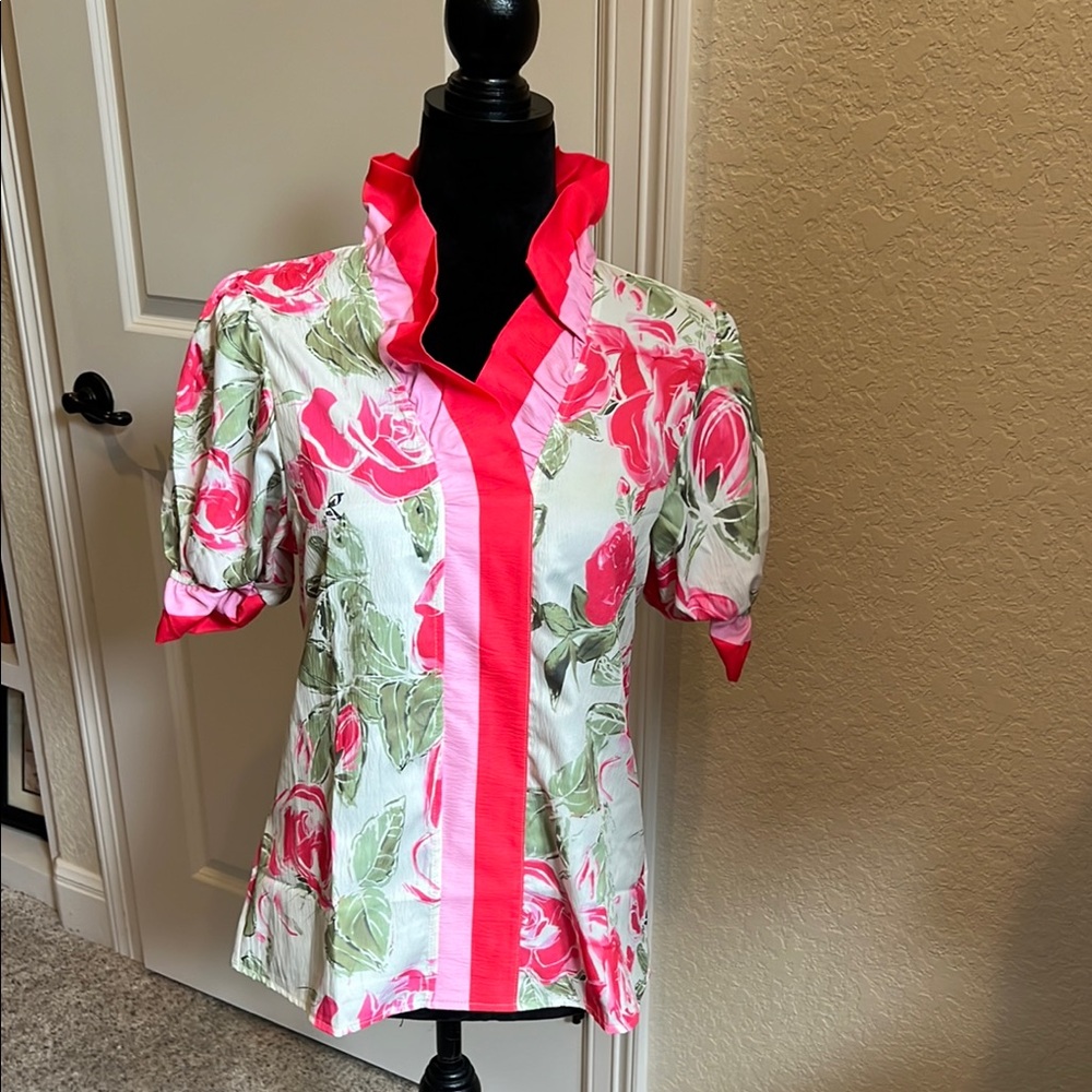NWOT Floral Pink and Green Women's Top